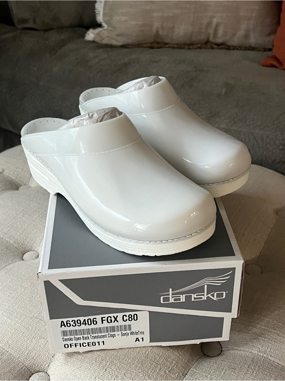 Dansko White Patent Clogs with Low Heel